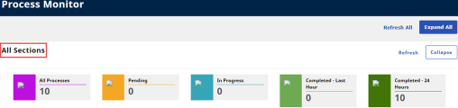 The Process Monitor displays five (5) sections for all processes, pending, in progress, completed in the last hour, and last twenty-four (24) hours.